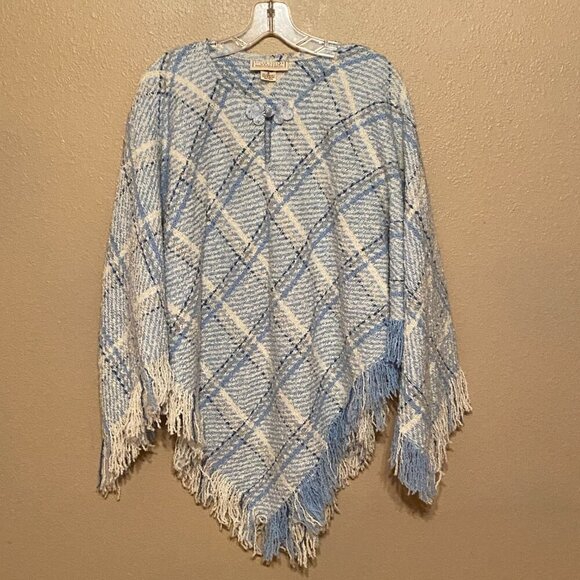 Boyne Valley Weavers Blue Plaid Wool Alpaca Poncho Made in Ireland Fringe - Picture 1 of 6